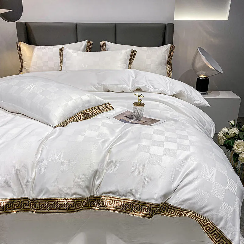 White Jacquard Silk Cotton Bedding Set Luxury 4st Satin Bed Set Set Solid Color Brodery Däcke Cover King Queen Size Bedclothes Be306g