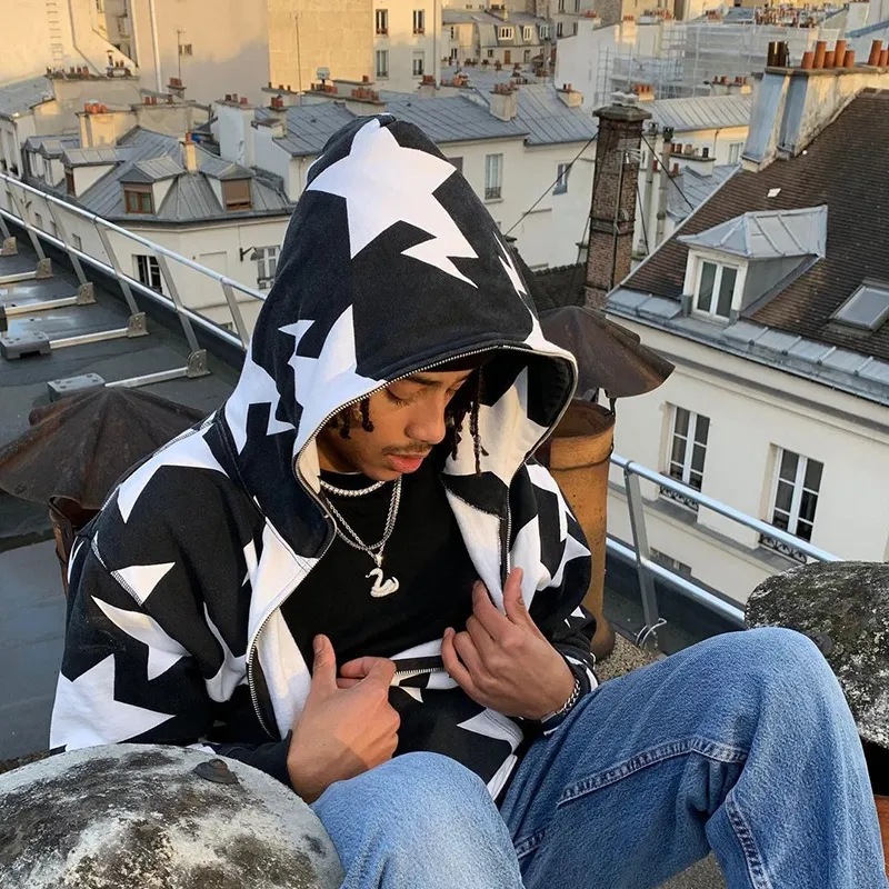 Y2K Grunge Hoodie: Star Print Zip-Up Sweatshirt - Mens Long