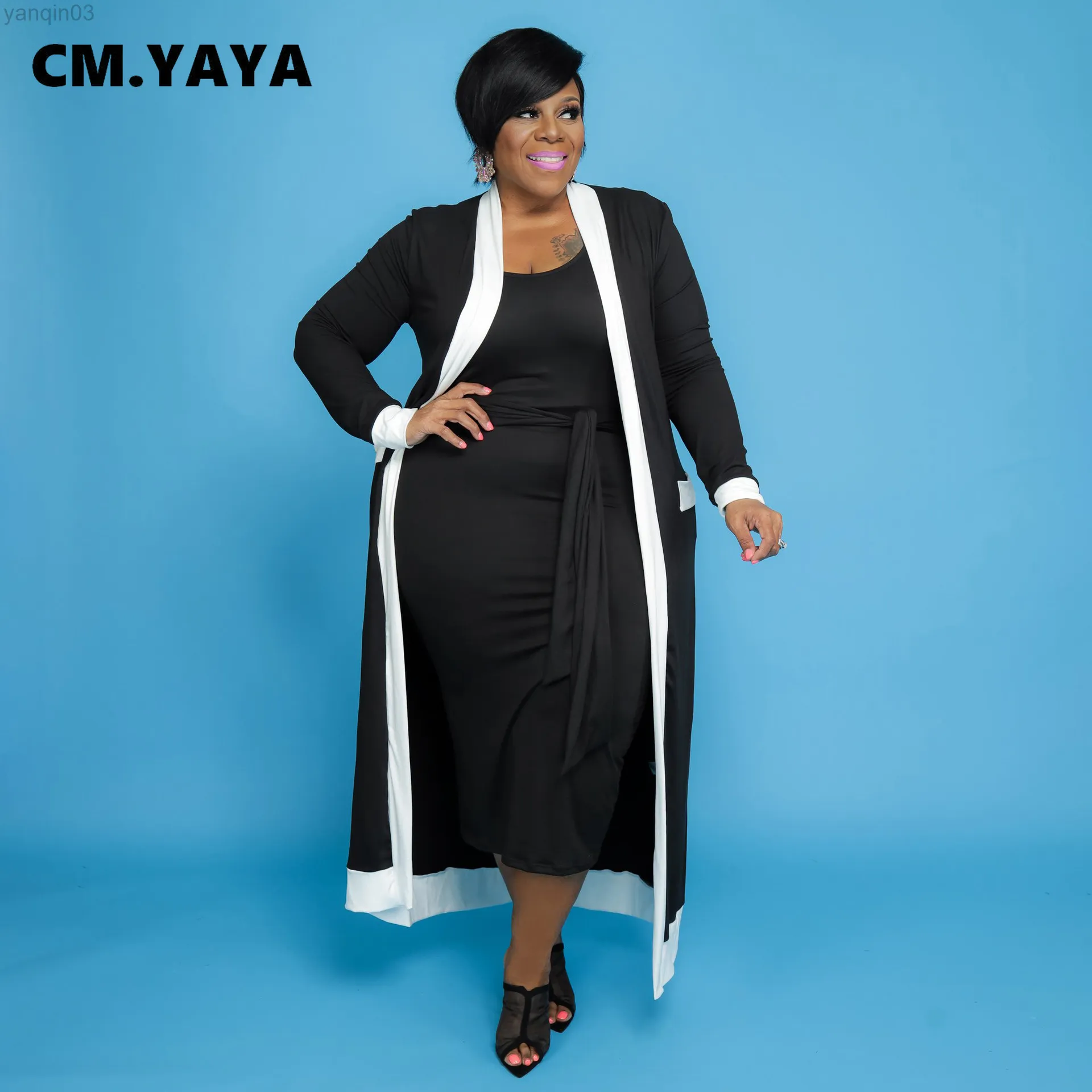 Женские спортивные костюмы больших размеров Cм. Yaya Women Plus Size Set Лоскутная длинная куртка с длинными рукавами и круглым вырезом Бандажное кружевное длинное платье из двух предметов Комплекты Летняя одежда L220905