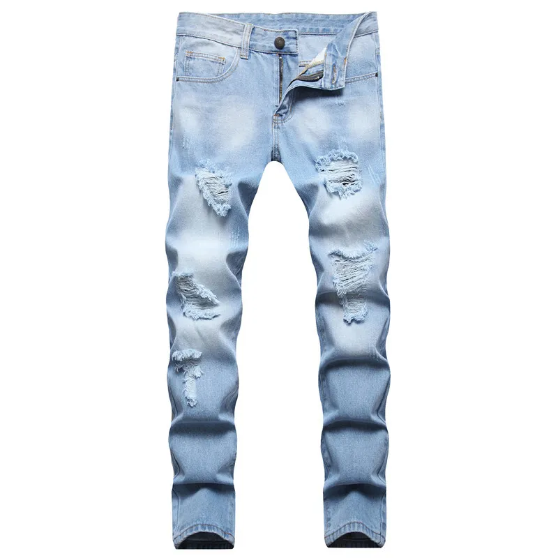 Lichtblauwe heren gescheurde gaten jeans slank fit blauwe hiphop denim broek casual magere broek voor mannelijke maat 28-42 pantalones