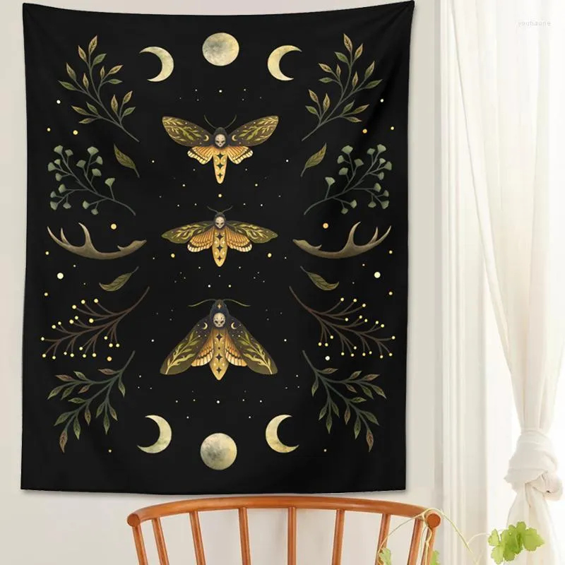 Arazzi Vintage Moon Phase Wall Hanging Tapestry Mooonlight Green Olive Leaf Black Boho Room Art Accessori per la decorazione della casa