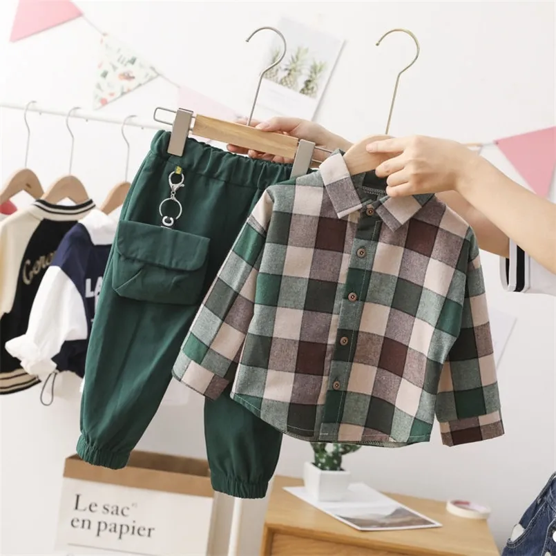 Besondere Anlässe 2 Stücke Herbst Baumwolle Kleinkind Kinder Kleidung Sets Kariertes Hemd Hosen Baby Jungen Anzug Kinder für Kleidung 220830