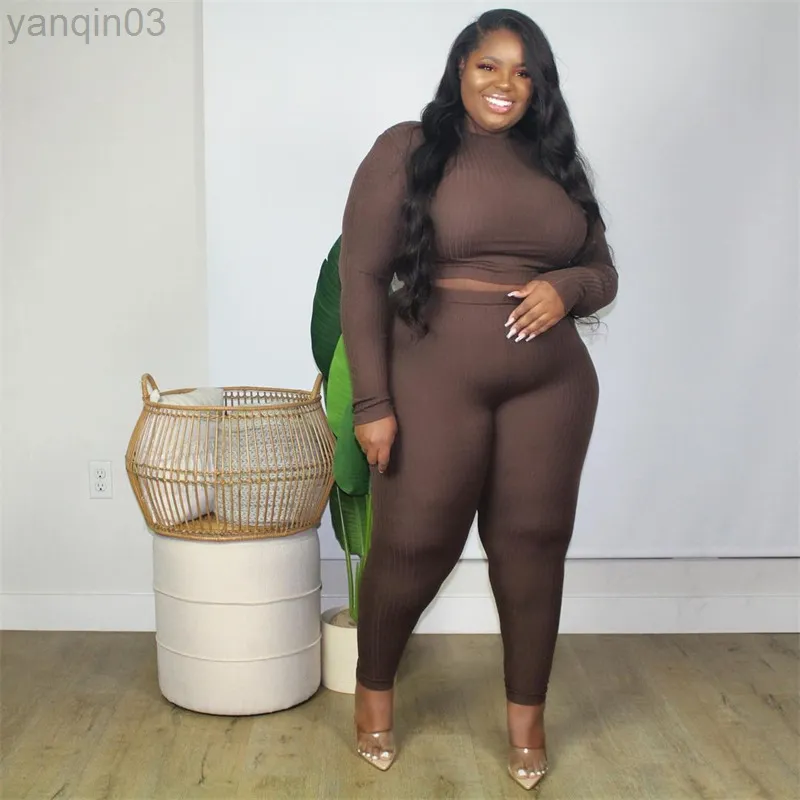 Women's Plus Size Tracksuits Plus Size Women Clothing 2021 Fashion Sexy Outfits Long Sleeve Top And Pants Bodycon Ribbed Two Piece Set Dropshipping Wholesale L220905