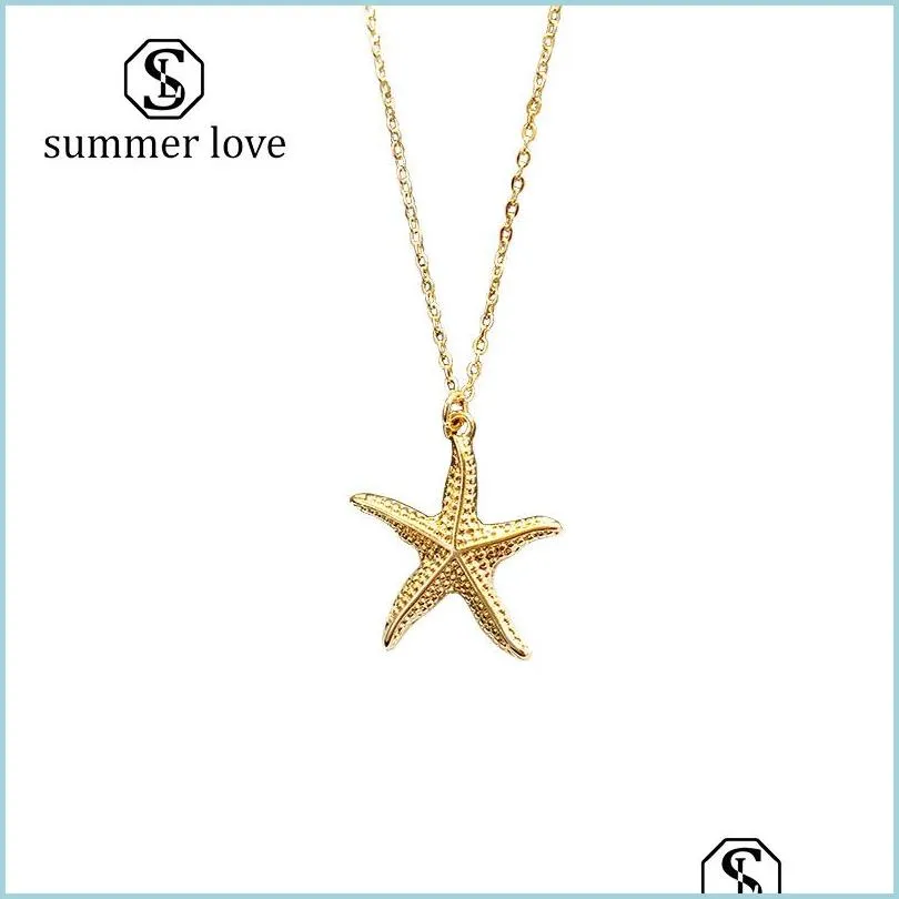 Pendant Necklaces New Summer Beach Starfish Conch Chain Pendant Necklace For Women Gold Alloy Cowrie Shell Fashion Jewelry Mjfashion Dhqxe
