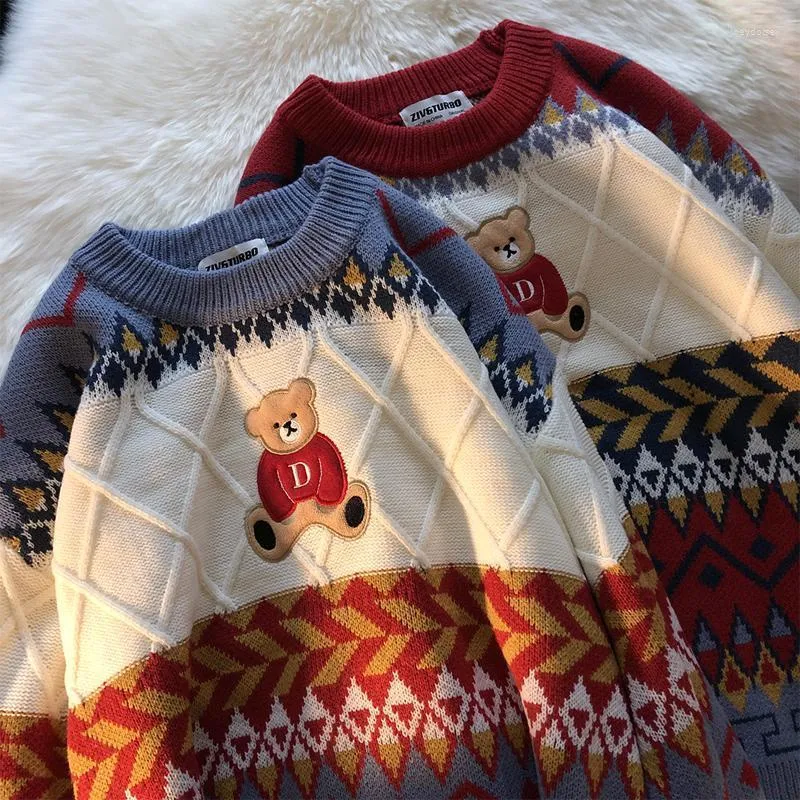 Kadın Sweaters Kadınlar Sonbahar Geldi Sweater Kadın Moda Kroper Karikatür Bear Chic Vintage Örme Gevşek Gevşek O boyun patchwork