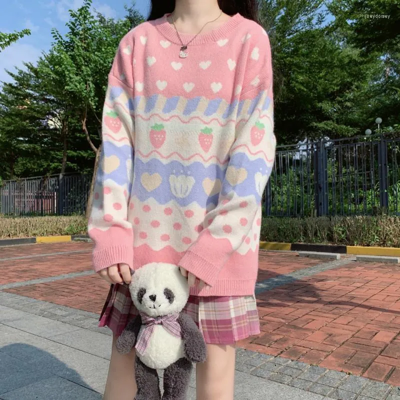 Pulls pour femmes Harajuku Kawaii Strawberry Pull surdimensionné Pull écolière Y2k Vêtements Printemps O Neck Rose Pull tricoté