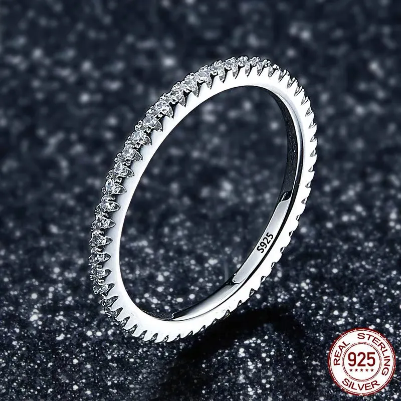 S925 Silver redondo pequenos anéis de diamante de zirconia para mulheres clássicas simples de empilhamento da aliança de casamento jóias finas jz094