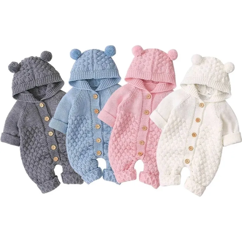 Rompers Citgeett Sonbahar Kış Doğumlu Bebek Kız Kızlar Kulak Örgü Romper Kapşonlu Yün Sweater Tulum Sıcak Sevimli Kıyafet 220905