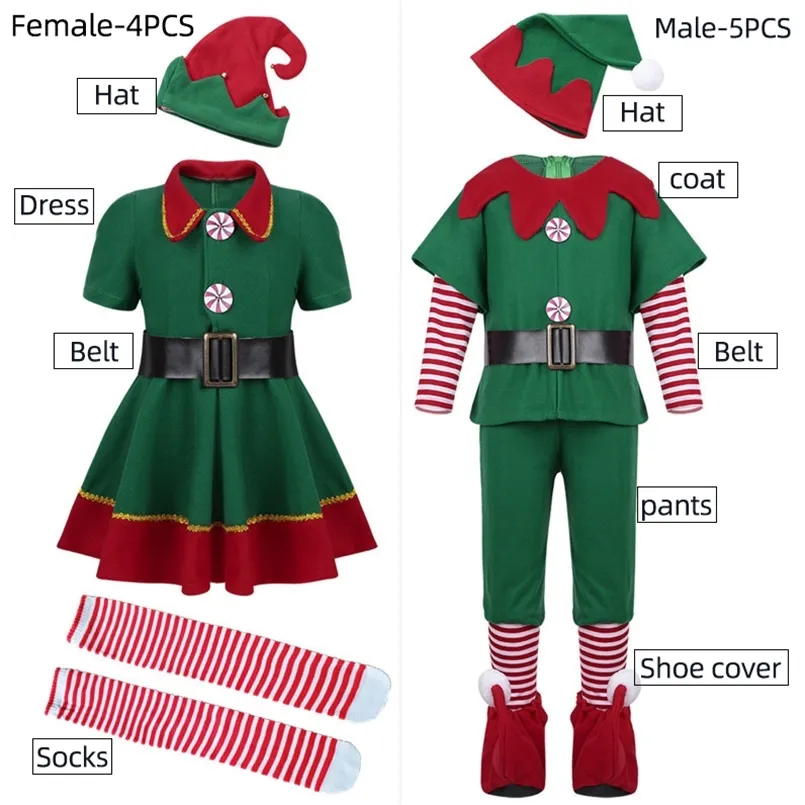 Special Occasions Men Women Girls Boys Christmas Santa Claus Costume Green Elf Cosplay Family Christmas Party Year Fancy Dress Clothes Set For 220905