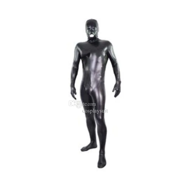 Unisexe Fancy Dishat Shiny Metallic Catsuit Costumes Black Full Hood Lycar Spandex Zentai BodySuit Party Club Club Costumes de sc￨ne Open Bouche trous