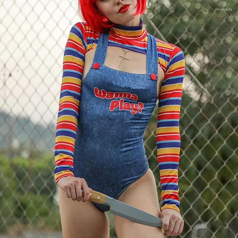 Fatos femininos xingqing trajes de halloween para mulheres assustador assassino boneca quer jogar filme personagem bodysuit chucky traje conjunto