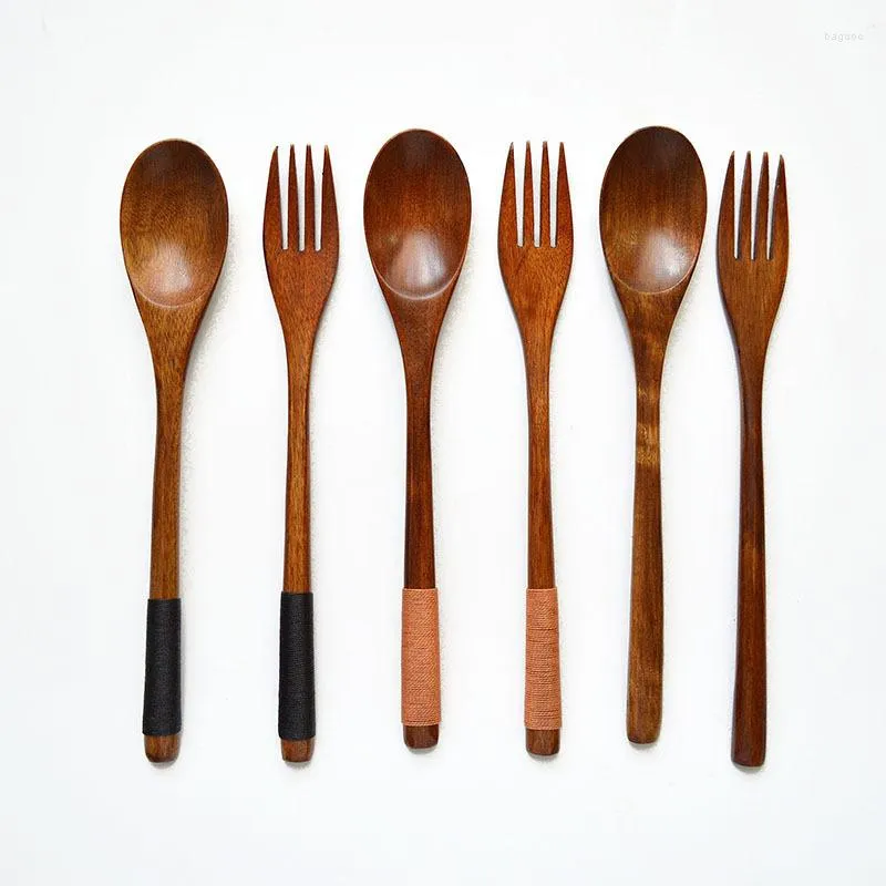 Ensembles de couverts Dîner Scoop Fourchettes Ensemble de vaisselle en bois Long manche Vaisselle minimaliste japonaise Lignes emmêlées manuelles Salade