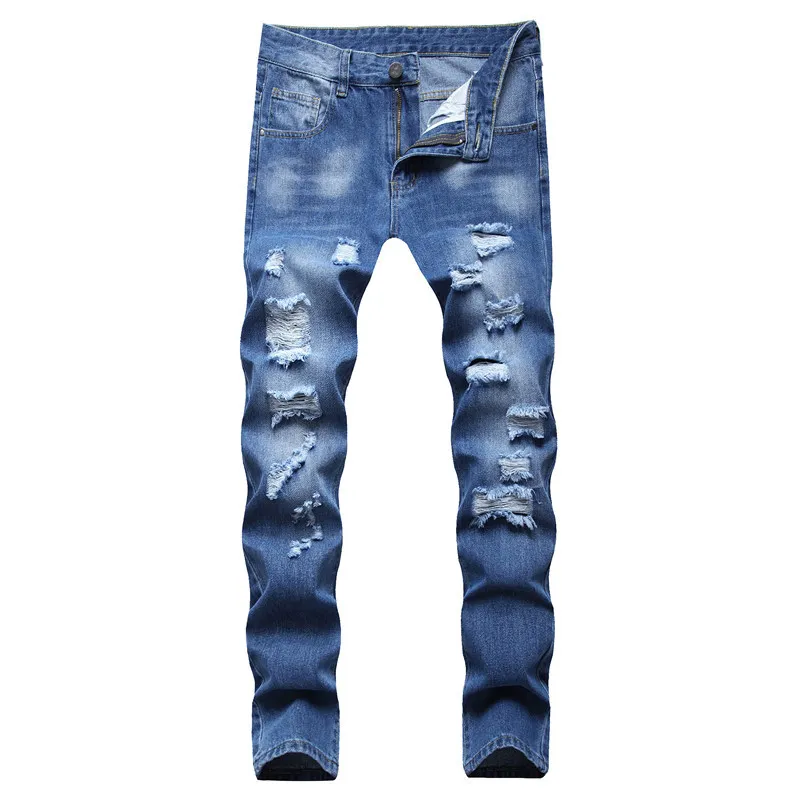 Dunkelblaue zerrissene Skinny-Biker-Jeans für Herren mit Destroyed-Loch-Slim-Fit-Jeanshose, Hip-Hop-Hose, lässige Pantalones, Größe 28–42