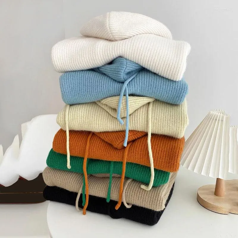 Women's Sweaters Women Girl Fall Winter Hoodies Full Sleeve Knitted Buttons V Neck Basic Knitwear Hooded Jacket Loose Tops