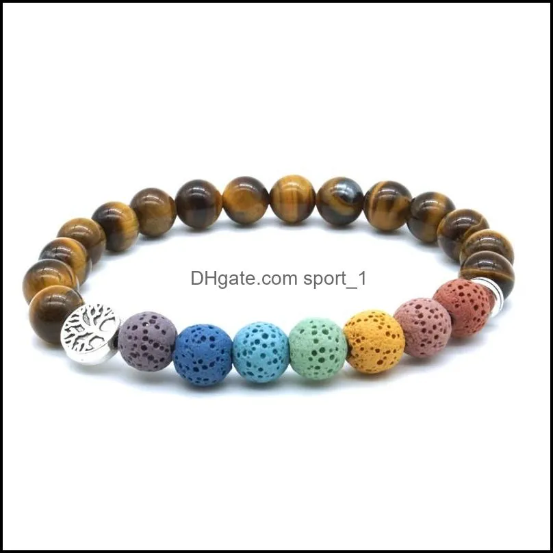 Bracelets de charme Árvore de vida 8mm Sete chakras pulseira lava stone tigre olho lazi lazi bracelets ioga ioga de óleo essencial dh3tu