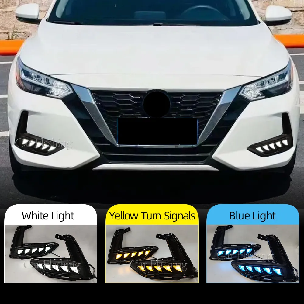 2PCS Car LED Daytime Running Light For Nissan Sentra Sylphy 2019 2020 2021 2022 DRL Fog Lamp cover with yellow turn signal