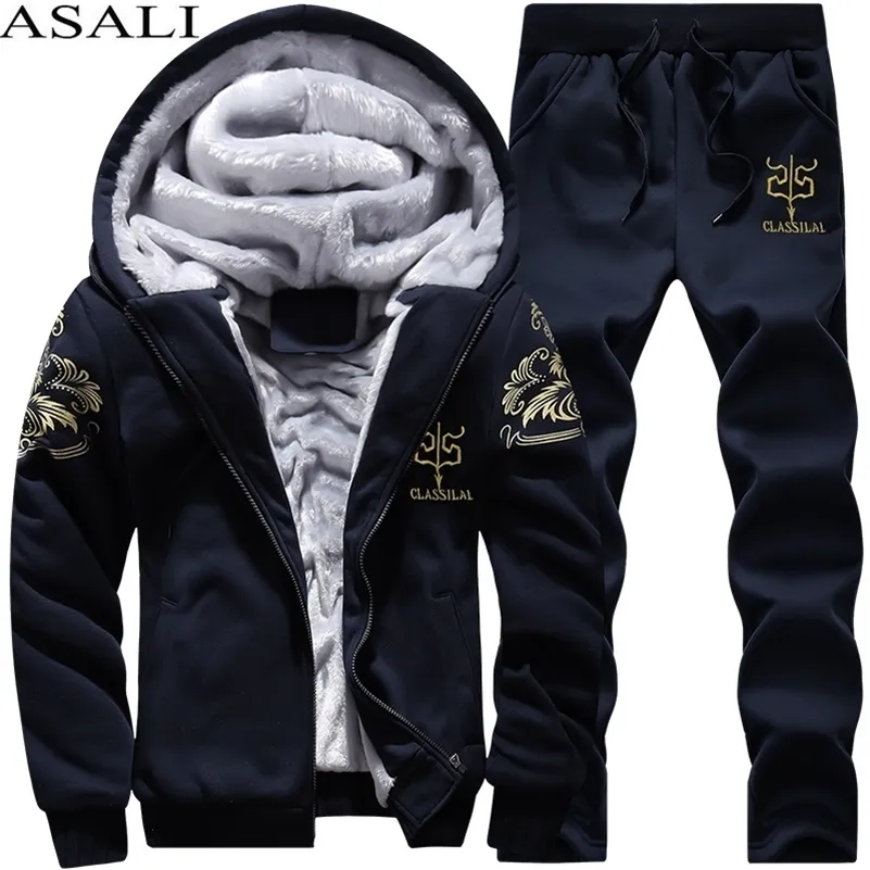 Thick Men's Winter tracksuit pants Set with Fleece Hood