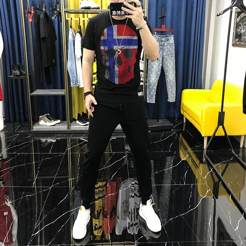 Men's Tracksuits Luxury Sets Summe Loose Tracksuit Night Scene Skull Brand Drilling O-Neck T-Shirt Pants High Quality Men's Short Sleeve