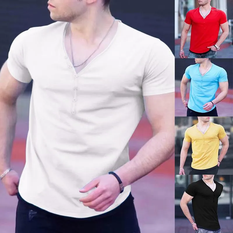 Camisetas masculinas de cor sólidas camisetas masculinas camisa de manga curta de ginástica em vés com decote em V para homens