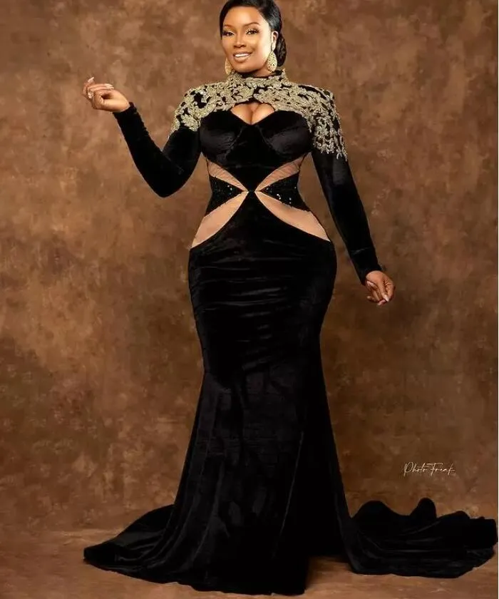 Grande taille arabe Aso Ebi robes de bal dentelle perlée velours noir sirène Sexy soirée formelle fête deuxième réception robes