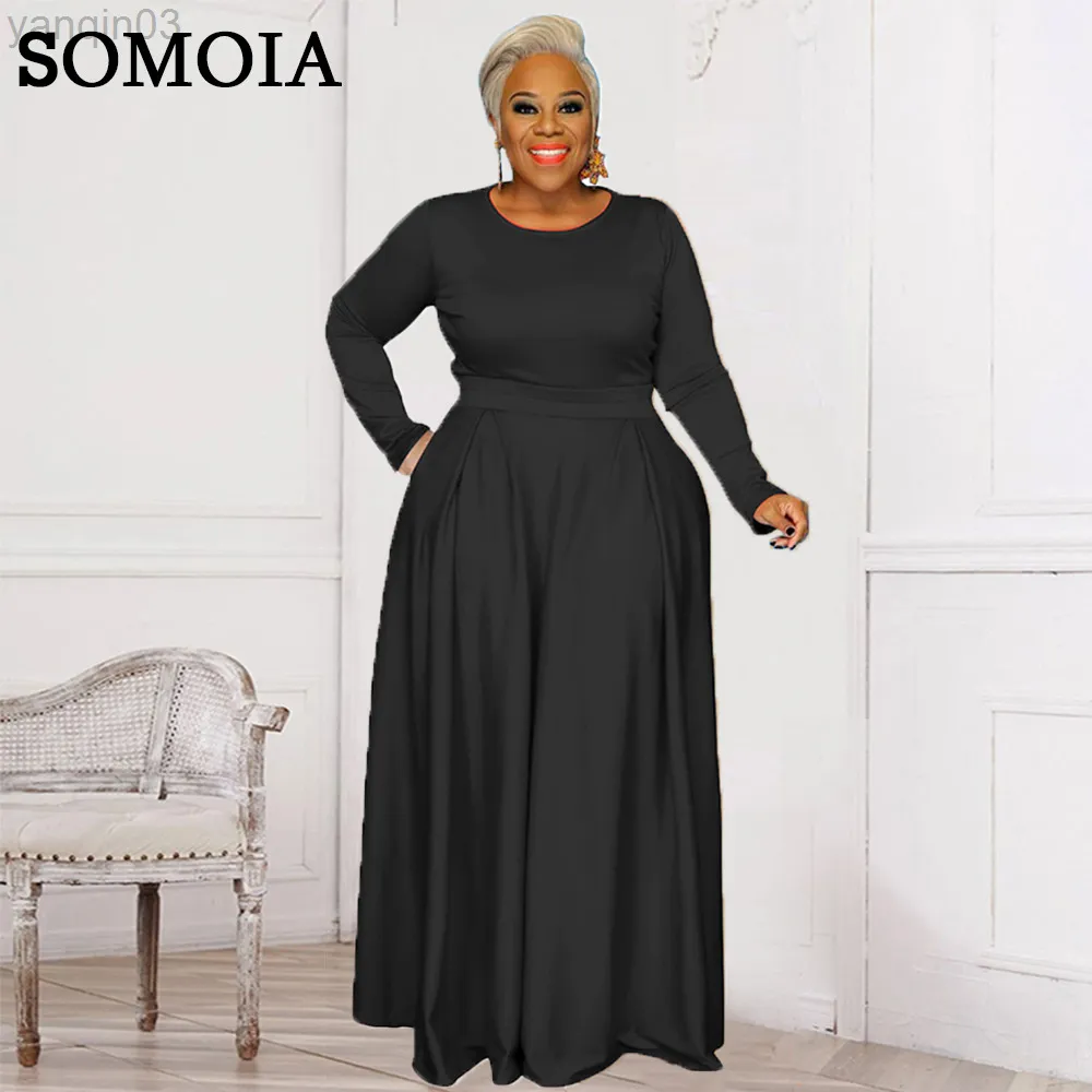 Survêtements grande taille pour femmes grande taille vêtements pour femmes décontracté solide col rond deux pièces ensemble manches longues automne correspondant costume drapé maxi jupes ensembles en gros L220905