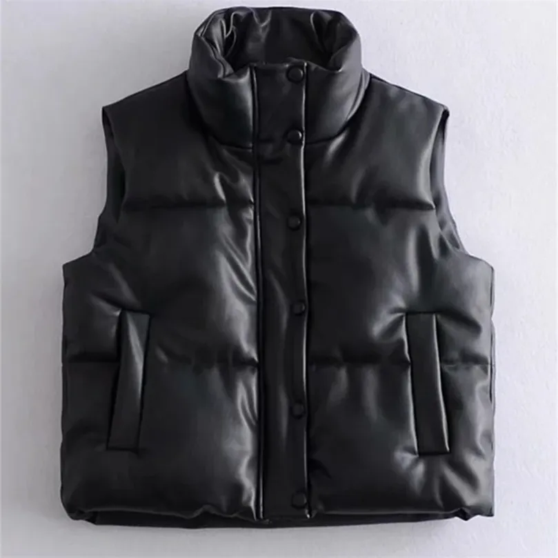 Women's Vests Womens Puffy Vest Down Vest Black Pu Leather Vest Woman Jacket Coat Autumn WInter Outwear Sleeveless Jacket 220905