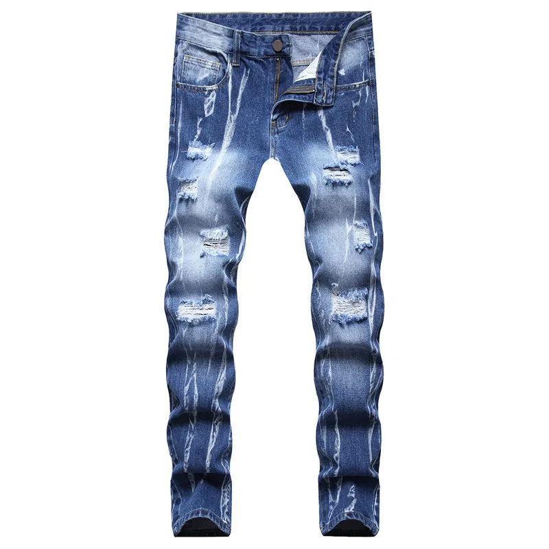 Boya erkek yırtık kot pantolon moda sokak kıyafeti gündelik ince fit denim pantolon koyu mavi delik fermuar pantolon boyutu 28-42 pantalones