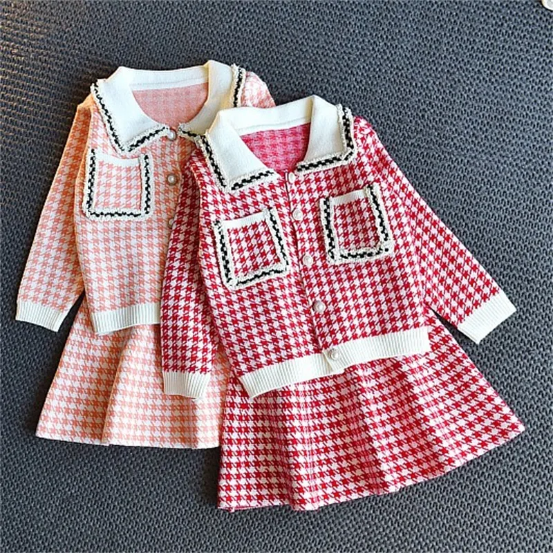Kids Girls Clothing Sets Long Sleeve Sweaters Fashion Wear Knitted Cardigan and Skirt Clothes Suit for Children Baby Girl 20220905 E3