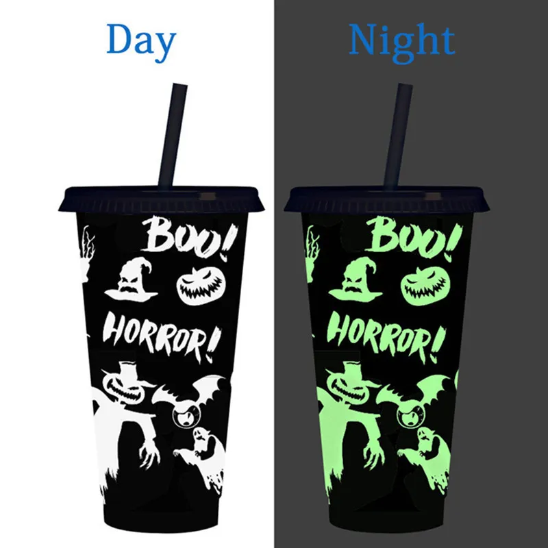 24oz/710ml Luminous Halloween Water Mug Color-Changing Water Cup Cold-Changing Drink Straw Plastic Cups Magic Coffee beer Mugs