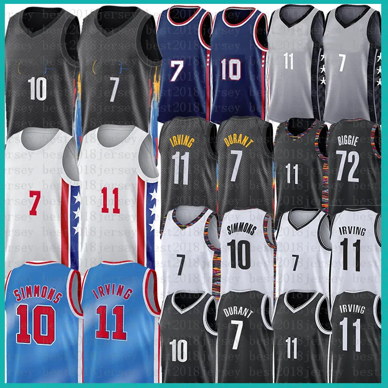 Kyrie Irving Kevin Durant Ben Simmons Basketabll Jersey Biggie 7 11 72 10 Mens 2021 NCAA Jerseys Black Grey Blue White