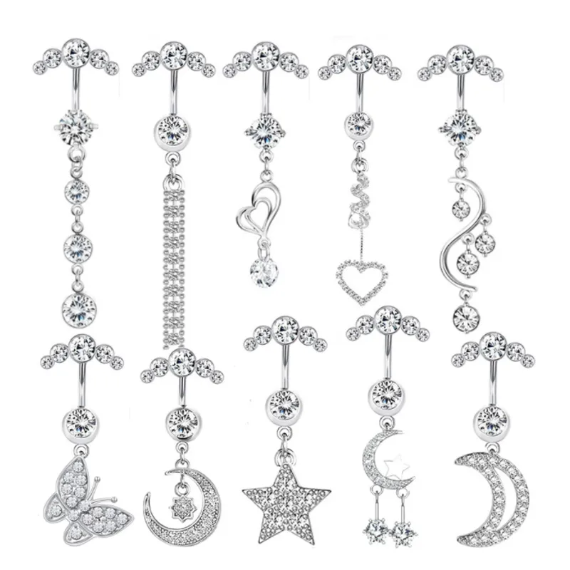 Multi Style Zircon Dangle Belly Butrine Rings Body Piercing CZ Dangle Navel Anel para mulheres e meninas