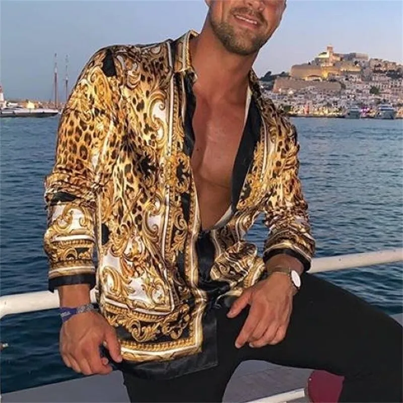 Camicie casual da uomo stampa Luxury Gold Yellow Leopard Abbigliamento sciolto manica lunga Chemise Top Homme Social Club Prom M3XL 220830