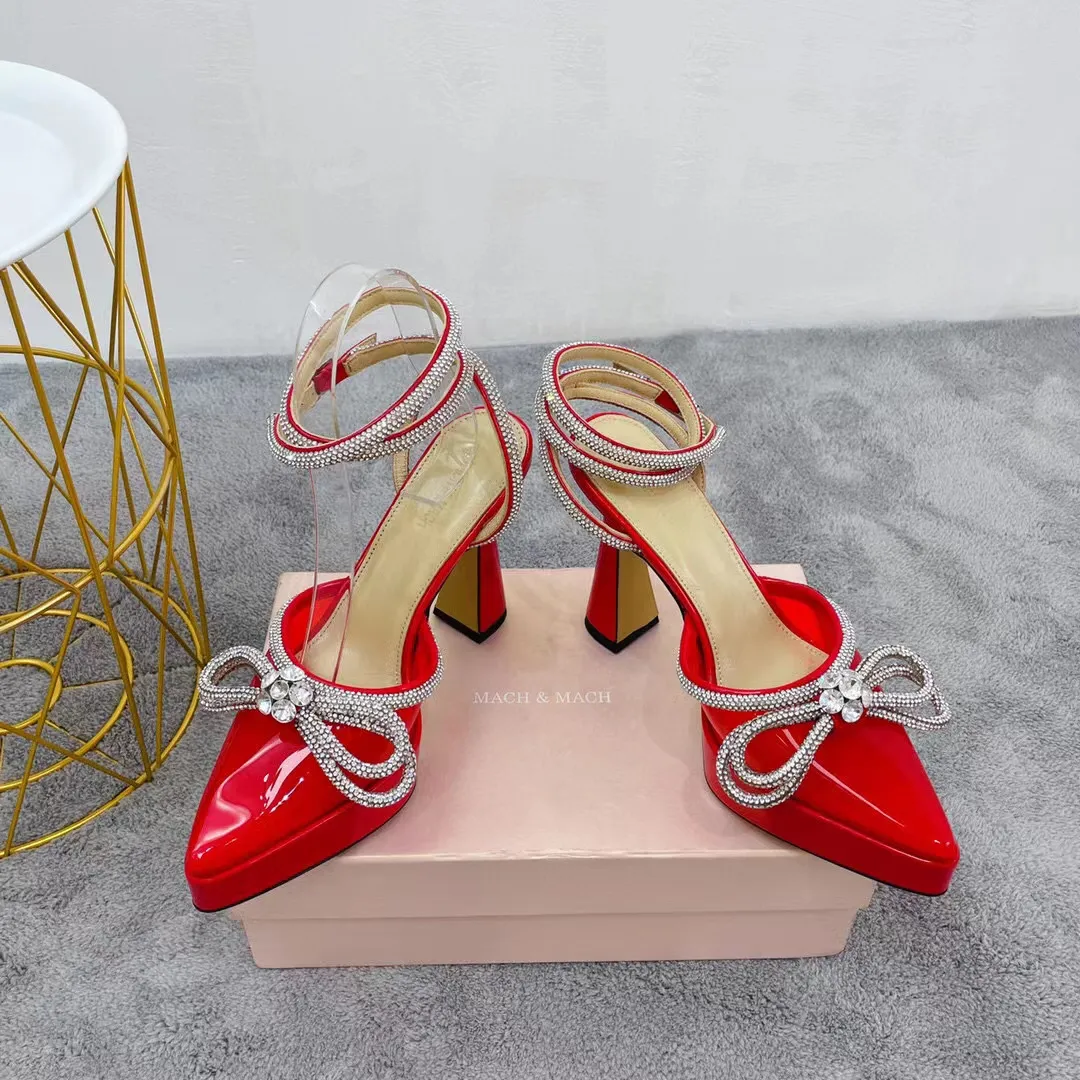 View of Luxury Designer Satin Bow Platform Pumps With Crystal Embellishments ...