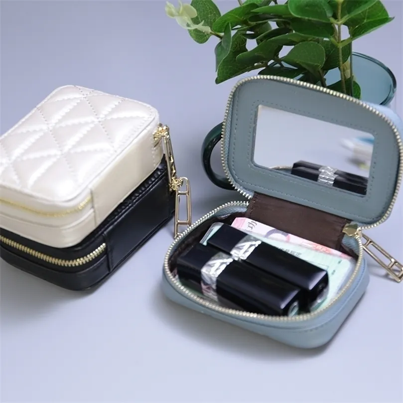 Cosmetic Bags Cases Fashon Lipstick Box Square Travel Genuine Leather Makeup Organizer Case with Mirror Lip Sticks Holder Bag 220905