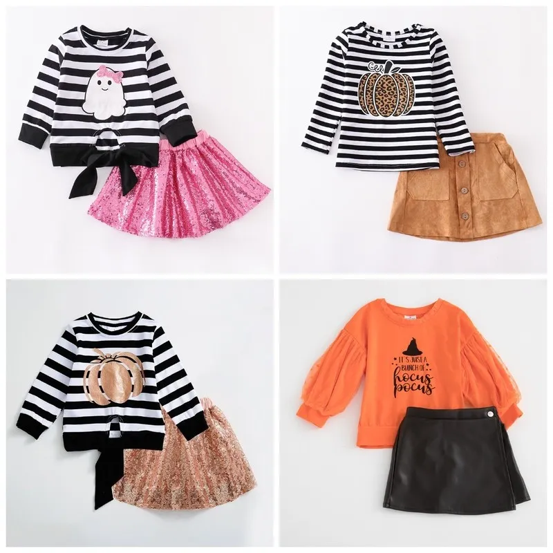 Mädchenkleider Girlymax Halloween Herbst/Winter Baby Mädchen Kürbis Geist Wildleder Pailletten Lederrock Kleid Rüschen Set über dem Knie Kinderkleidung 220905