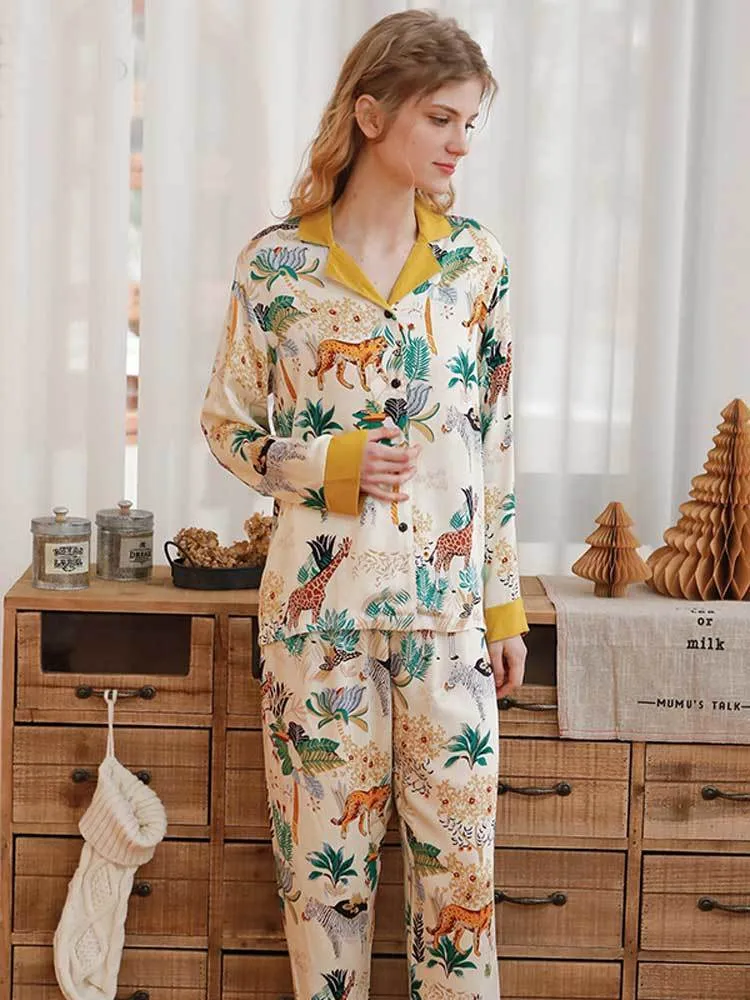 Women s Boho Pajama Set Viscose Soft Button Up Long Sleeve Sleepwear