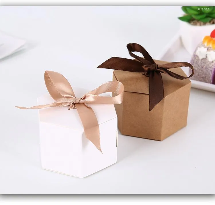 Gift Wrap 10PCS Hexagonal Kraft Paper Packaging Boxes Pastry Candy Biscuit Box With Ribbon Wedding Party