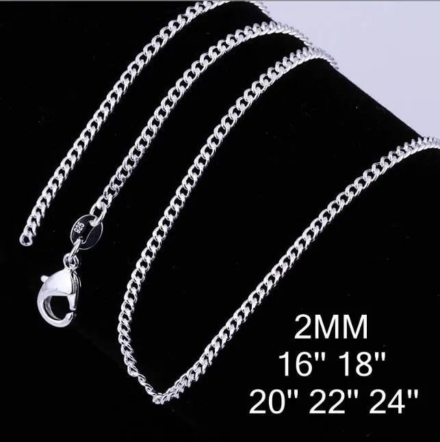 925 plate de plata 2 mm cadenas laterales collar de mujer 16-30 pulgadas para joyas de moda colgante