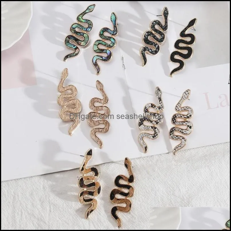 Charm Snake Shape Abalone Shell Paper Leopard Leather Charms Stud Earrings Gold Color Brincos Pendientes Fashion Brand J Dhseller2010 Dhjob