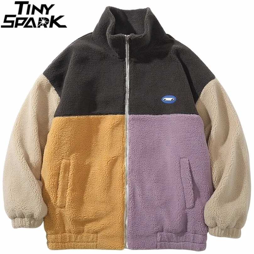 Mensjackor Hip Hop Streetwear Coat Color Block Patchwork Furry Harajuku Cotton Casual Men Winter Outwear 220902