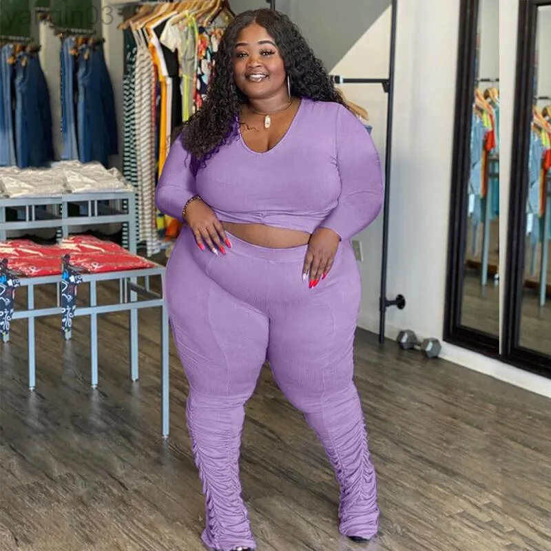 PLUS SIZE Tracksuits voor dames plus size kleding Vrouwen paarse outfit geribbelde loungewear lange mouwen Crop Top Two Piece broek set groothandel dropshipping l220905