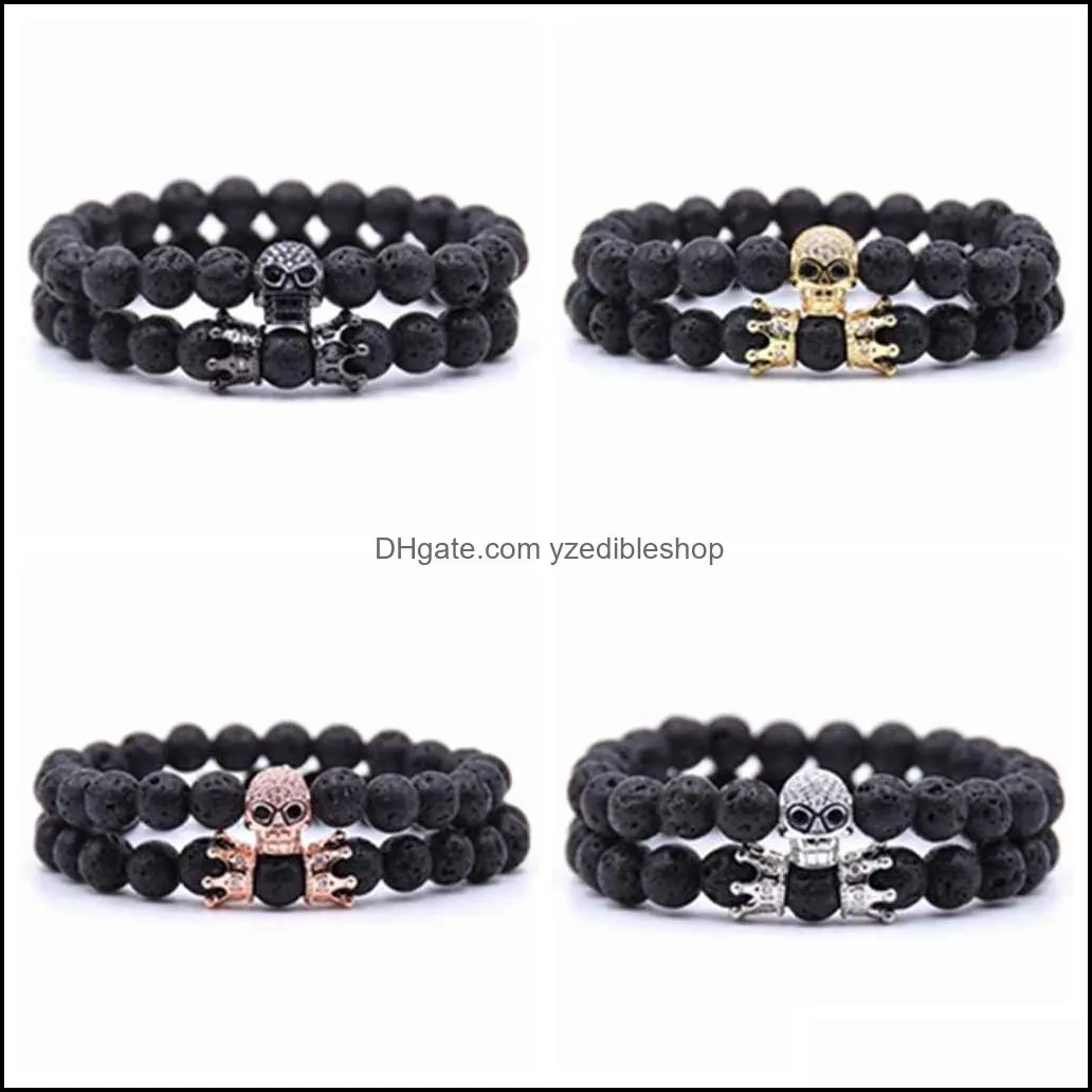 Fili di perline 10 pezzi / set Bracciale scheletro in pietra lavica per uomo donna con zircone cubico doppia corona naturale fatto a mano Dhseller2010 Dhdtn