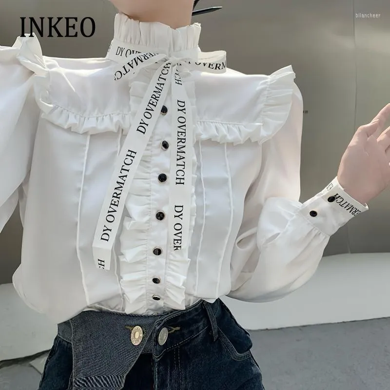 Dames blouses mode Koreaanse ruches blouse vrouw 2022 witte zwarte boogknoppen lantaarn mouw vrouwelijke shirt tops kleding inkeo 1T100