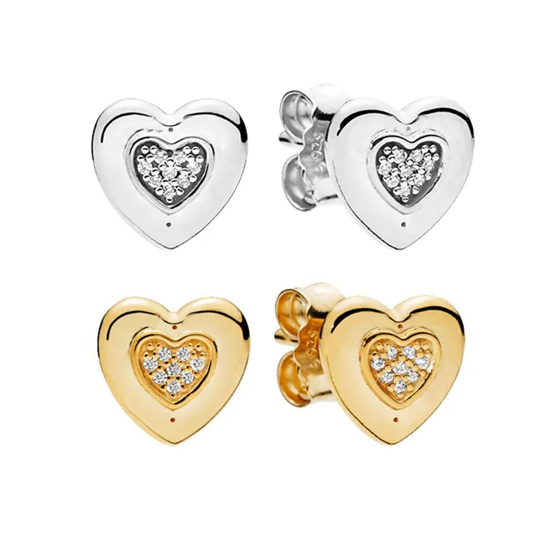 Autentisk Sterling Silver Love Heart Stud Earring Womens Bröllopsmycken med originalbox för Pandora Rose Gold CZ Diamond Earrings Set