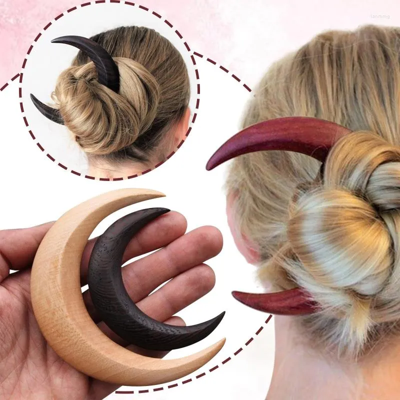 Party Masks Hand-Carved Crescent Hairpin Moon Stick Wood Barrettes Hairfork Styling Tool For Daily Use Formal Events