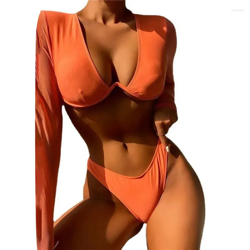 Frauen Badebekleidung Frauen Langarm zweisteuelhafte Feste Orange Badeanzug Lady V-Ausschnitt BH Bikini mittlere Taille Trunks Tanga Push Up Bikni 2022