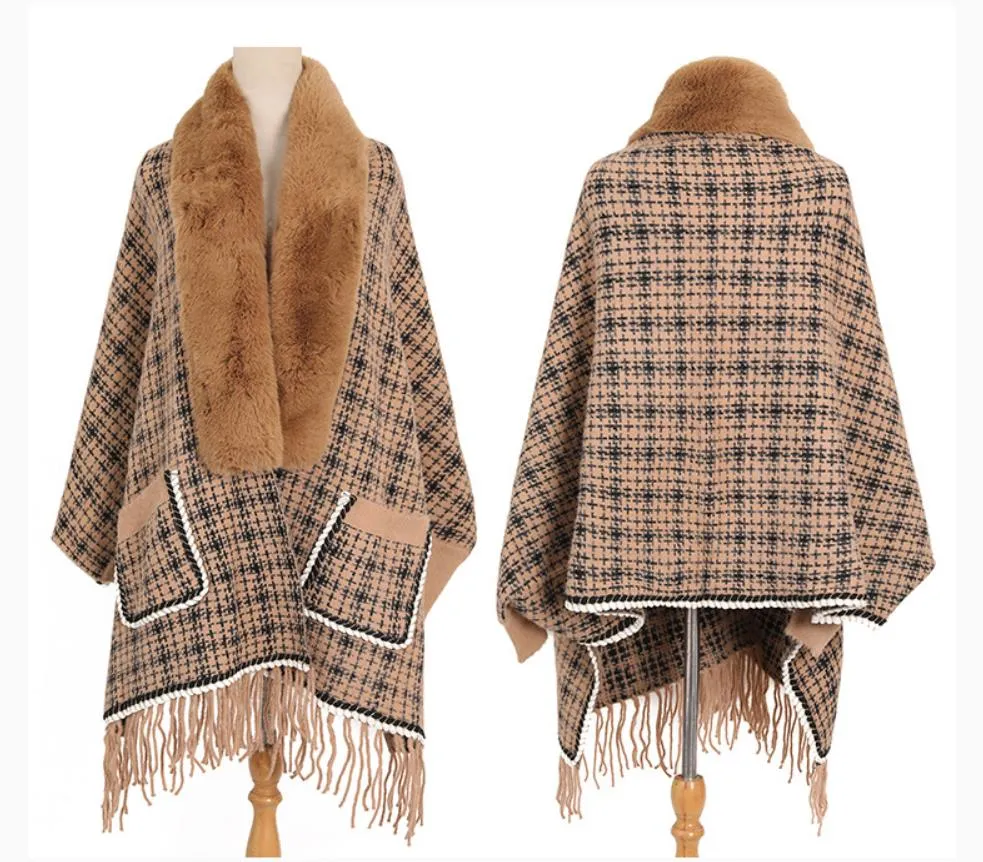 Women's Plaid Knitted Tassel Poncho Shawl Cape With Faux Fur Collar Vintage Classic Cardigan for Winter Fall Plush Size