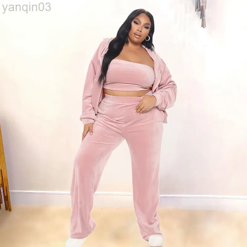 Women's Plus Size Tracksuits Plus Size Set Women Velour Tracksuit Sexy Vest And Long Sleeve Hooded Pants Sets Ladies Jogging Suits Dropshipping Wholesale L220905