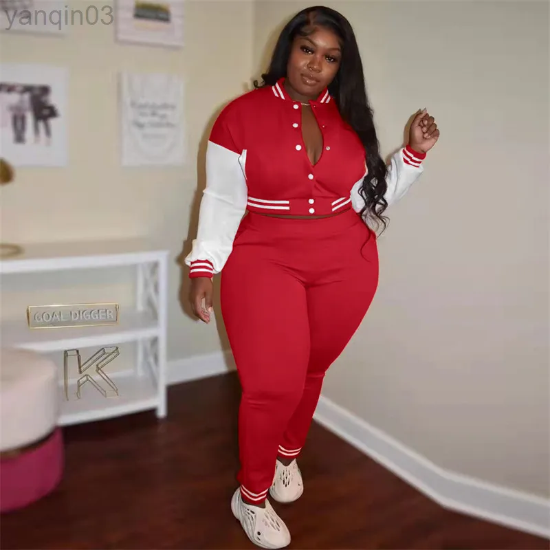 Meninas de tracks de tamanho feminino Plus Size Size WomenSuit Ladies Jaqueta de beisebol de manga comprida e calças de duas peças Toço esportivo Itens por atacado L220905