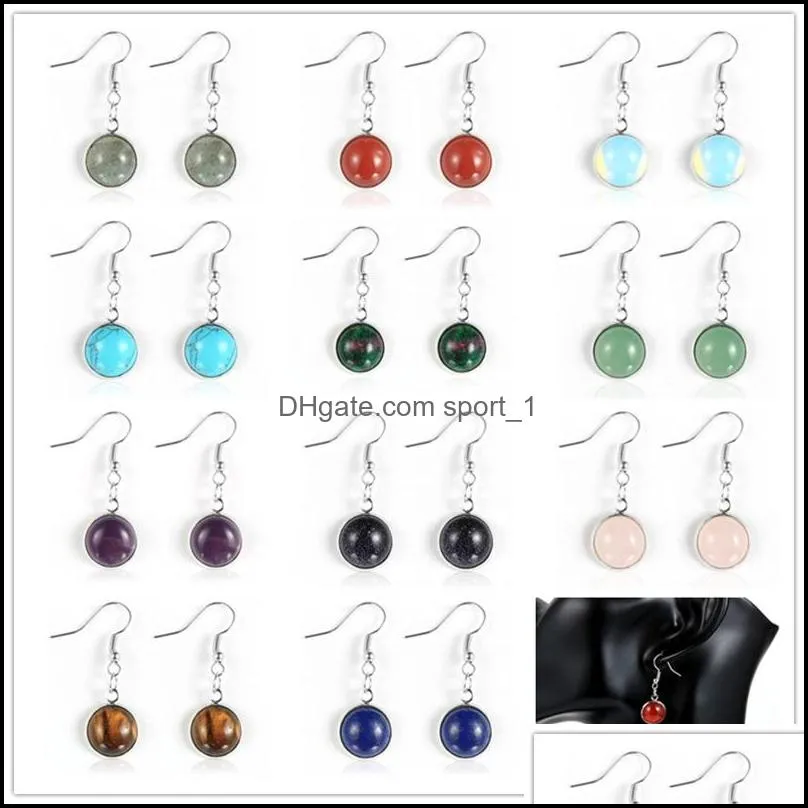 Charm 12Mm Women Turquoises Rose Crystal Quartz Tiger Eye Opal Stone Charms Dangling Earrings Amethysts Hanging Earring Hoop Fashion Dhahq